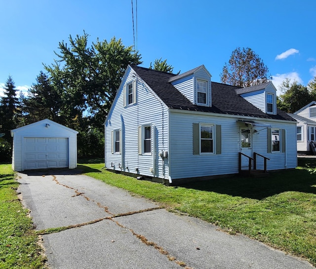 new england style home featuring a front yard, an outdoor structure, and a garage