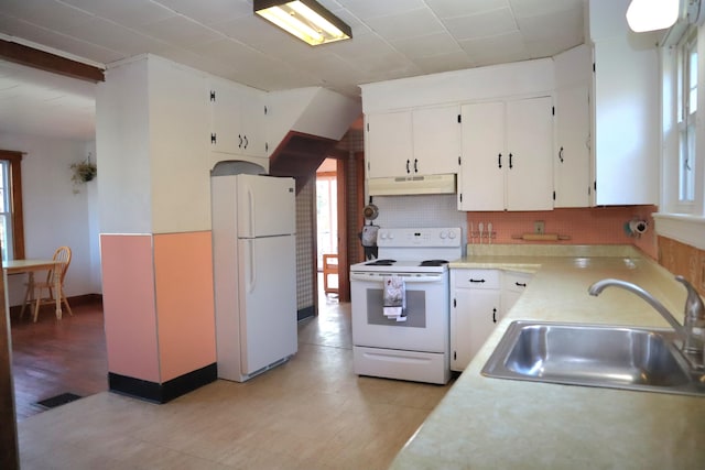 kitchen featuring decorative backsplash, white cabinetry, light wood-type flooring, sink, and white appliances