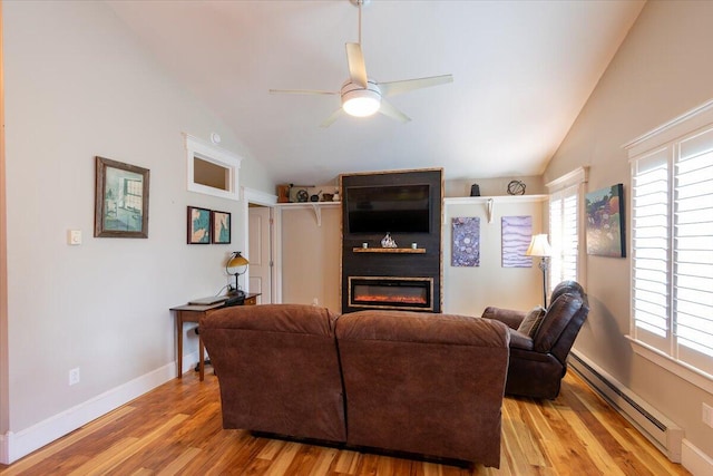 living room featuring light hardwood / wood-style floors, high vaulted ceiling, a fireplace, baseboard heating, and ceiling fan