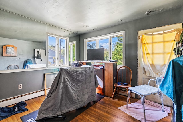 office space with wood-type flooring, a baseboard heating unit, and plenty of natural light