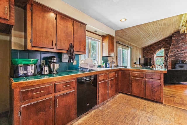 kitchen with wood ceiling, brick wall, black dishwasher, light wood-type flooring, and lofted ceiling