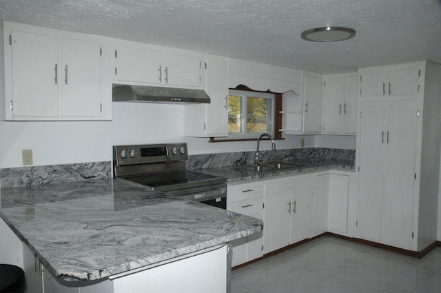 kitchen with a textured ceiling, black range with electric stovetop, sink, white cabinets, and light stone countertops