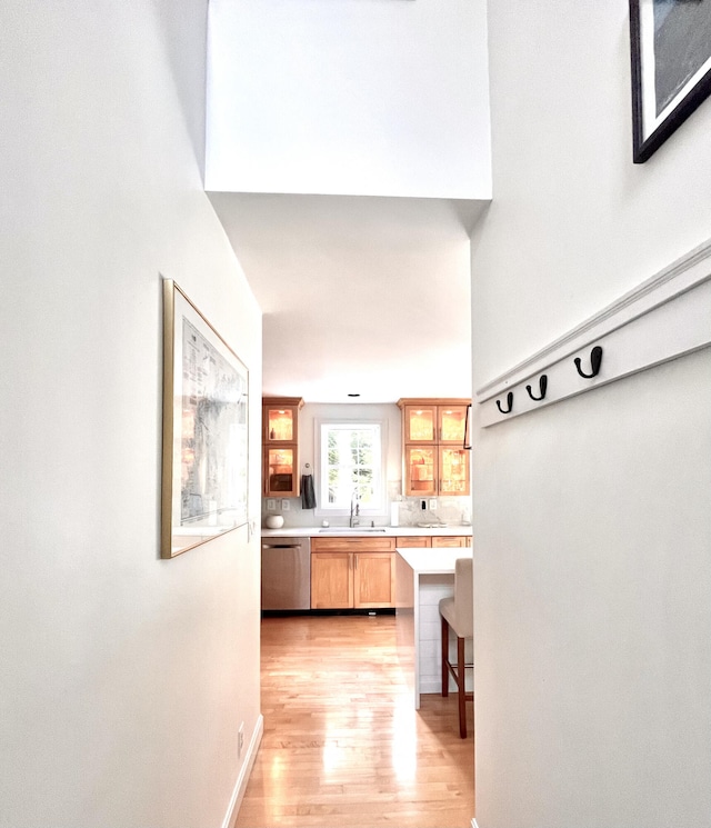 hallway with light hardwood / wood-style flooring and sink