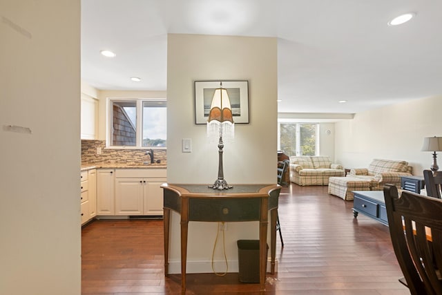 143 Beach Ave Unit 203, Kennebunk, ME 04043 - kitchen featuring a sink, dark wood finished floors, recessed lighting, tasteful backsplash, and open floor plan