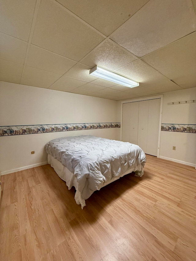 bedroom featuring light hardwood / wood-style flooring, a closet, and a drop ceiling