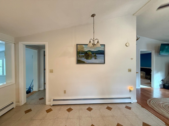 unfurnished dining area with lofted ceiling, light wood-type flooring, and a baseboard heating unit