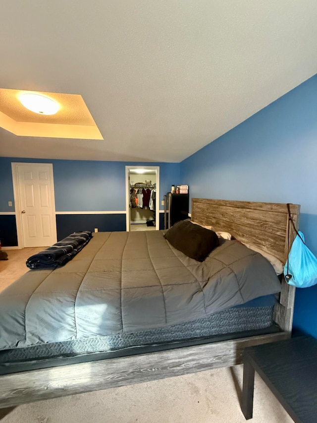 carpeted bedroom featuring a raised ceiling, a closet, and a walk in closet