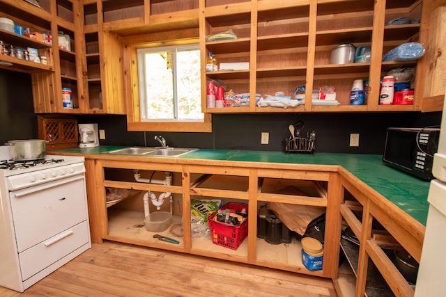 5-27 Cooks Is, Orneville Twp, ME 04463 - kitchen featuring white range with gas cooktop, a sink, black microwave, light wood-type flooring, and open shelves