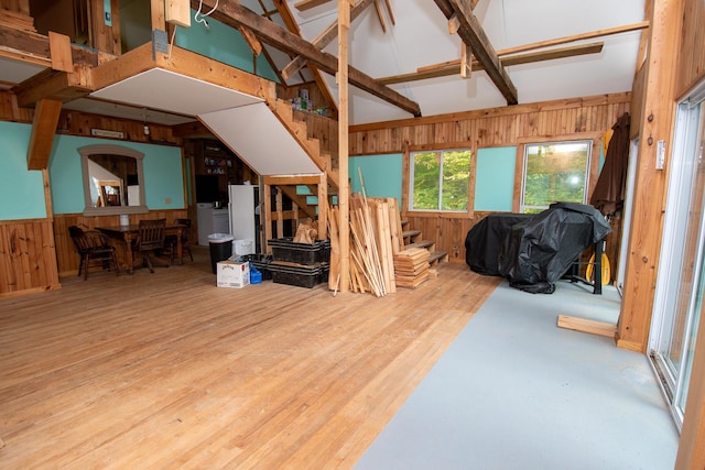 5-27 Cooks Is, Orneville Twp, ME 04463 - living room with wood walls, stairs, and wood finished floors