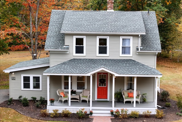 459 Durham Rd, Brunswick, ME 04011 - view of front facade featuring covered porch, roof with shingles, and a chimney