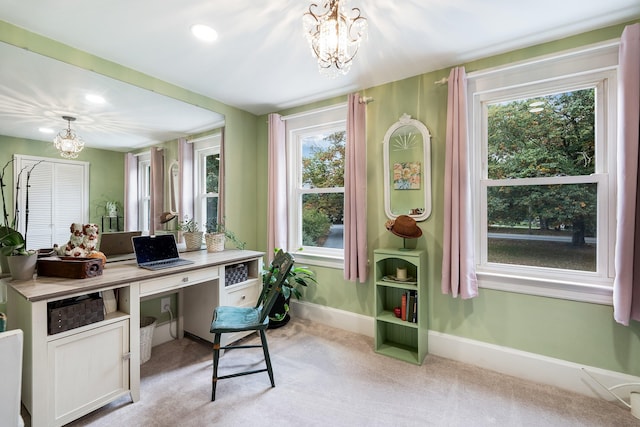 459 Durham Rd, Brunswick, ME 04011 - home office featuring a chandelier, light carpet, healthy amount of natural light, baseboards, and recessed lighting