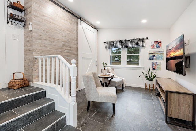 459 Durham Rd, Brunswick, ME 04011 - stairs with a barn door, recessed lighting, and baseboards