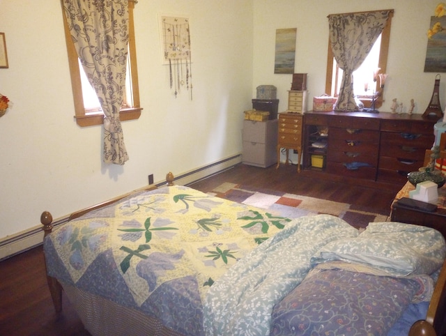 bedroom with wood finished floors, a baseboard radiator, and multiple windows