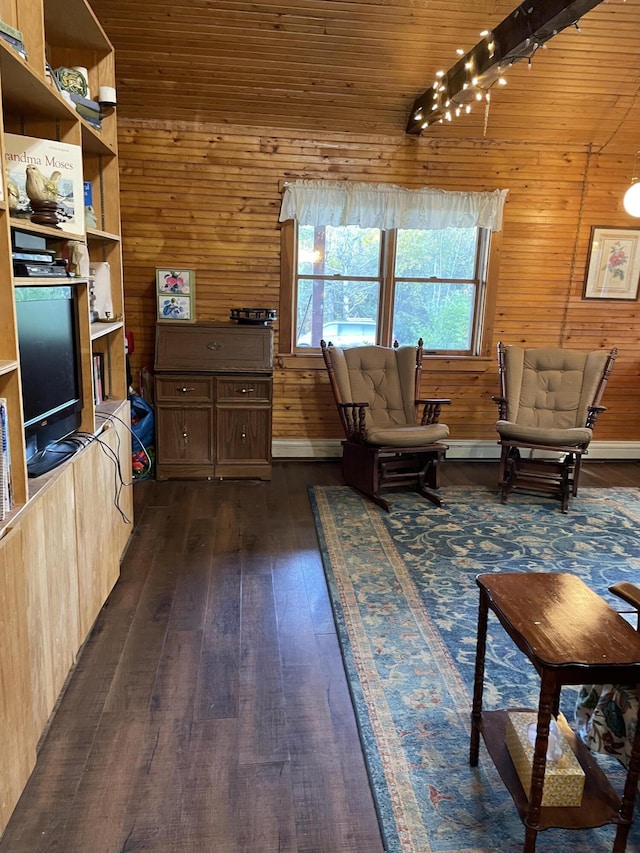 sitting room with wooden walls, wood ceiling, and dark wood-style flooring