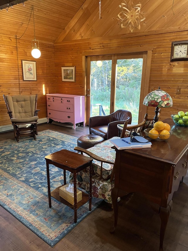 interior space featuring lofted ceiling, wood walls, wood finished floors, a baseboard heating unit, and wood ceiling