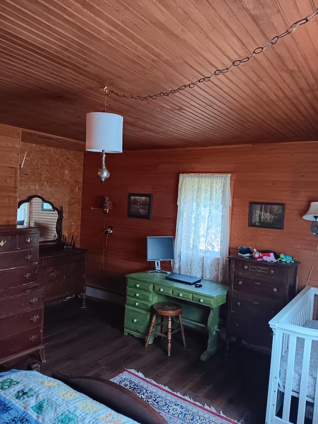 bedroom with dark hardwood / wood-style flooring, wooden ceiling, and wooden walls