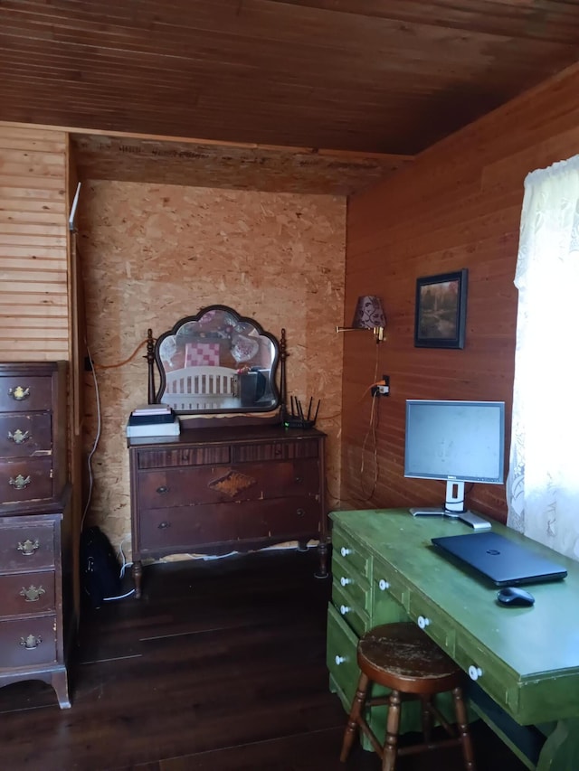 office area with wooden ceiling, dark wood-style flooring, and wooden walls