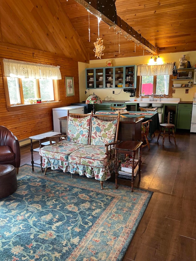 living room with dark hardwood / wood-style flooring, vaulted ceiling, wooden walls, and wood ceiling