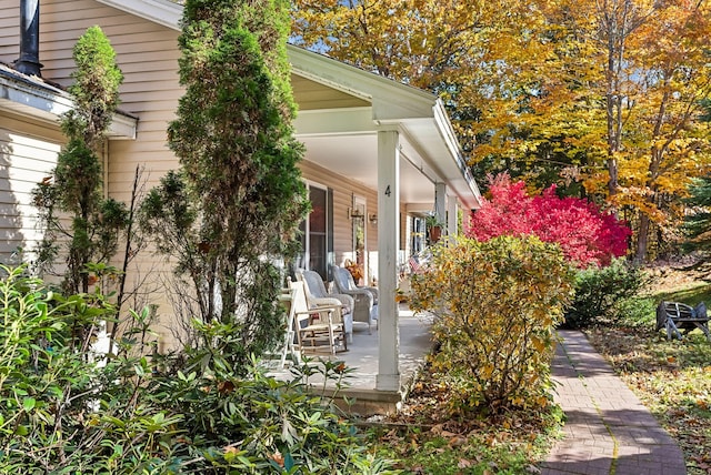 view of exterior entry featuring covered porch