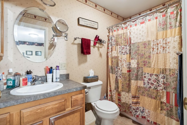 bathroom with toilet, walk in shower, vanity, and tile patterned floors