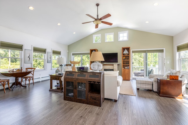 living room featuring wood-type flooring, vaulted ceiling, and a wealth of natural light