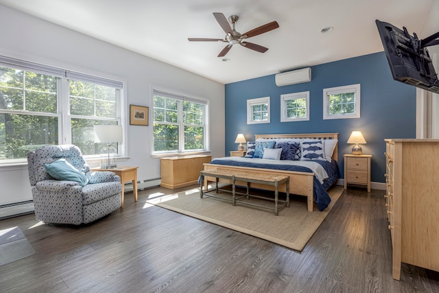 bedroom featuring a wall unit AC, ceiling fan, a baseboard heating unit, and dark hardwood / wood-style flooring