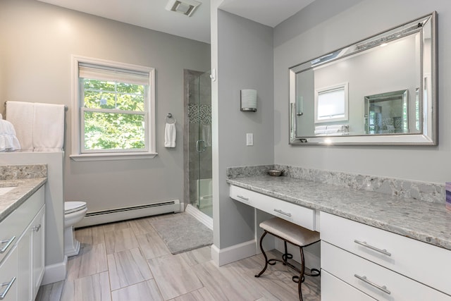 bathroom featuring a shower with door, toilet, vanity, and a baseboard radiator