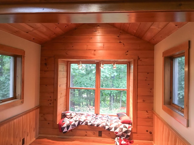 552 Egypt Rd, Alna, ME 04535 - details featuring wood walls, wainscoting, and wood ceiling
