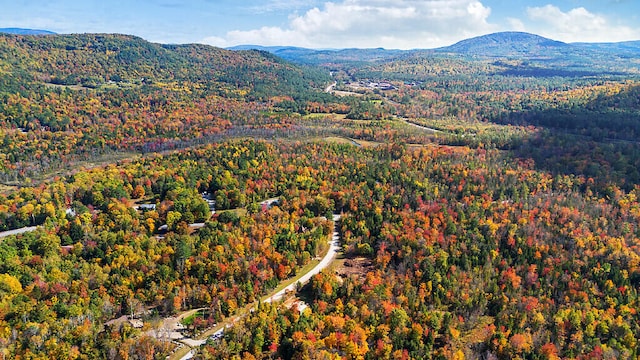 aerial view with a mountain view and a wooded view