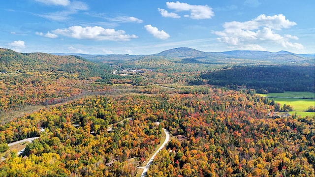 drone / aerial view featuring a forest view and a mountain view