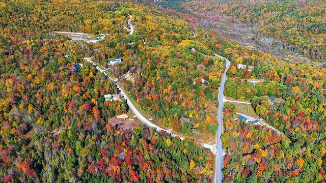 drone / aerial view with a wooded view