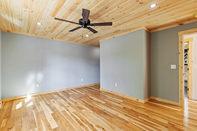 empty room with light wood-type flooring, ceiling fan, and wooden ceiling