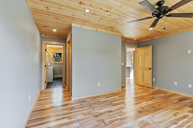 interior space featuring ceiling fan, wooden ceiling, and light wood-type flooring