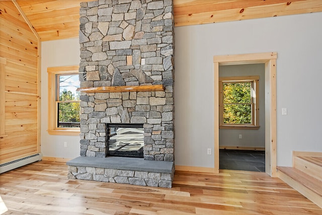 interior details with a stone fireplace, wooden ceiling, and wood-type flooring