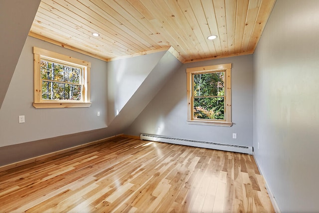 additional living space featuring baseboard heating, plenty of natural light, wood finished floors, and wood ceiling