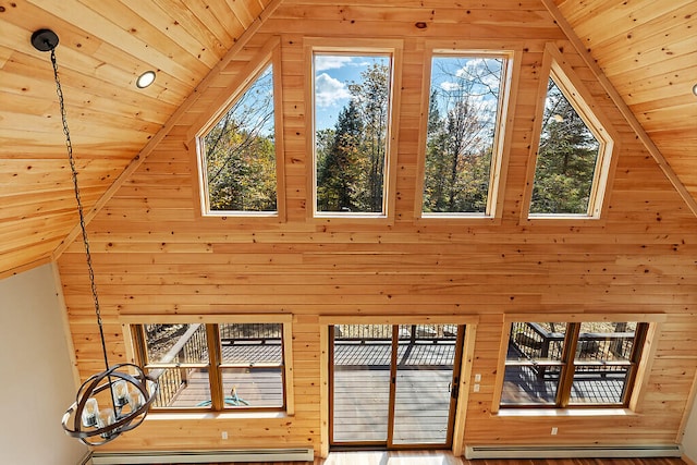 interior space with wood walls, wooden ceiling, and a healthy amount of sunlight