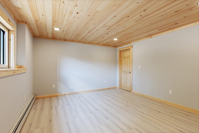 spare room with light wood-type flooring, wooden ceiling, and a baseboard heating unit