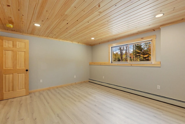 empty room with wooden ceiling, a baseboard radiator, and light wood-type flooring