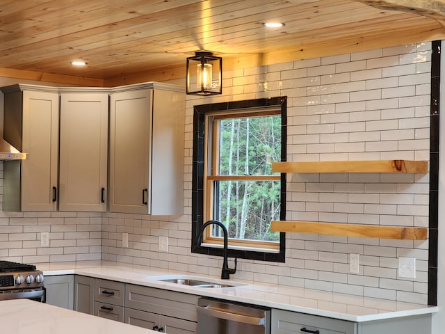 kitchen featuring wooden ceiling, stainless steel appliances, a sink, gray cabinets, and decorative backsplash