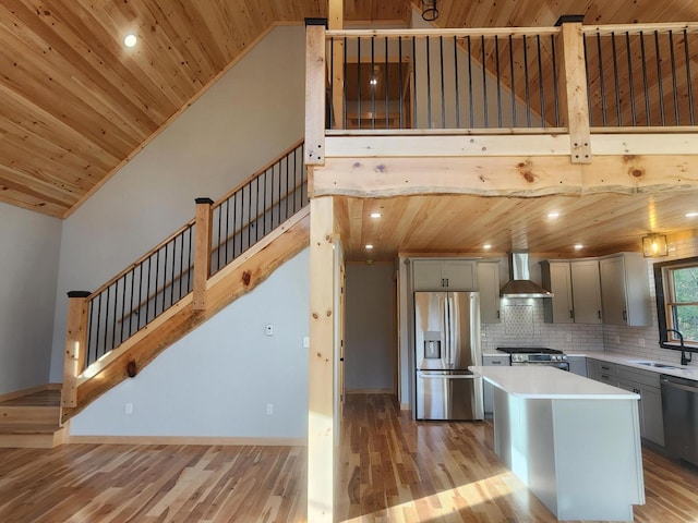 kitchen featuring gray cabinetry, wall chimney exhaust hood, wood ceiling, and appliances with stainless steel finishes