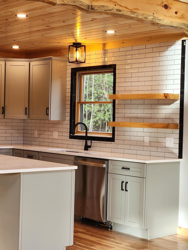 kitchen featuring dishwasher, light hardwood / wood-style floors, wooden ceiling, and tasteful backsplash