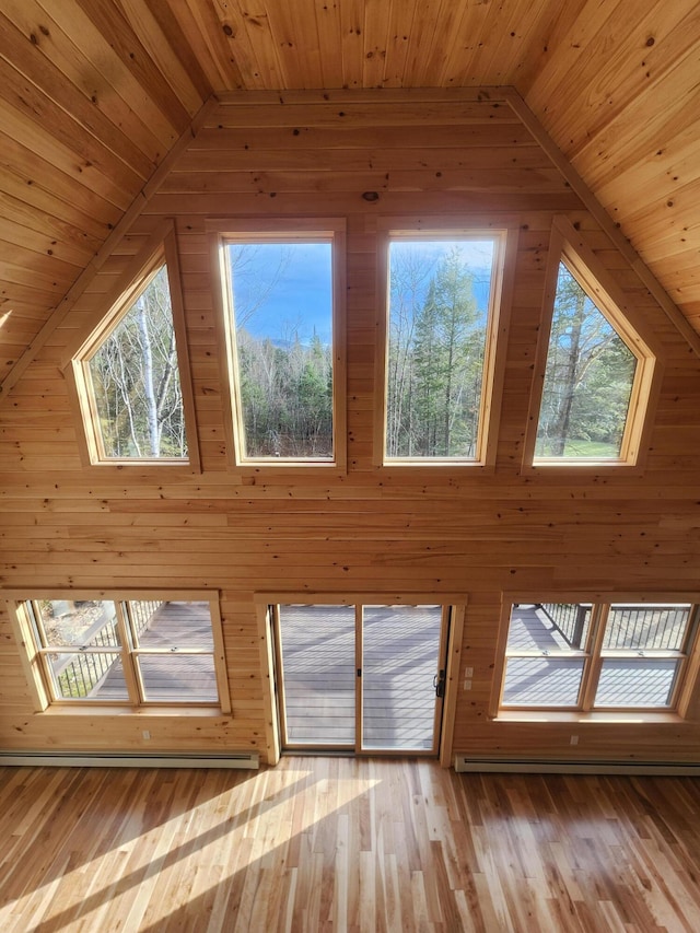 additional living space featuring wood walls, wooden ceiling, a wealth of natural light, and light hardwood / wood-style flooring