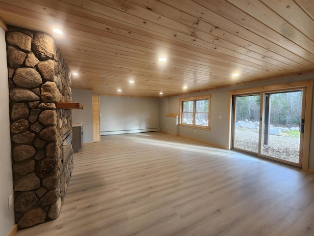 unfurnished living room featuring light wood-type flooring, wooden ceiling, a fireplace, and a baseboard radiator