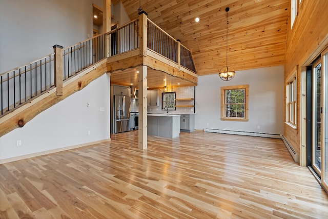 unfurnished living room with a chandelier, light hardwood / wood-style flooring, high vaulted ceiling, and wood ceiling