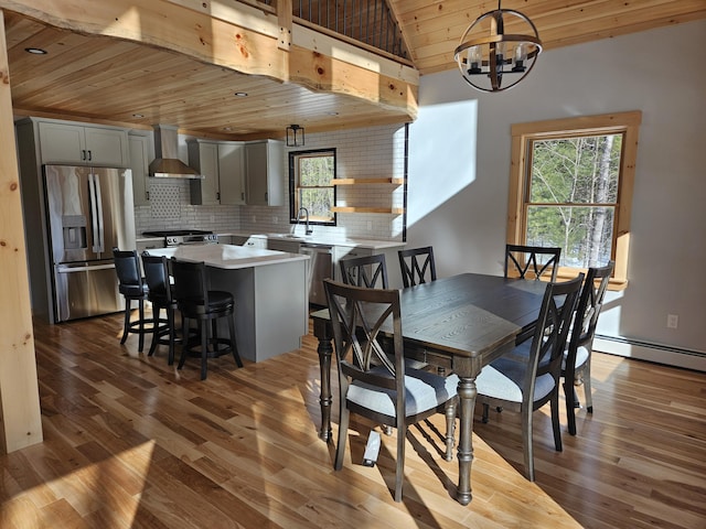 dining room featuring high vaulted ceiling, wood ceiling, a notable chandelier, and wood finished floors