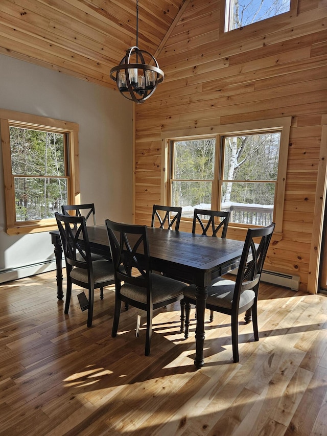 dining space with a baseboard radiator, wood ceiling, wood walls, high vaulted ceiling, and hardwood / wood-style floors