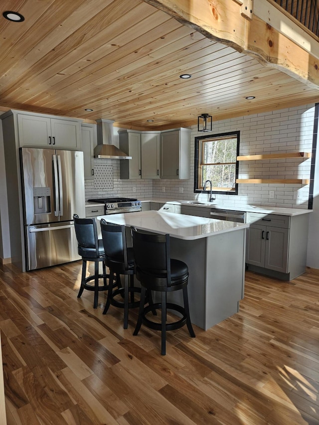 kitchen featuring gray cabinetry, stainless steel appliances, a kitchen island, wall chimney range hood, and dark wood finished floors