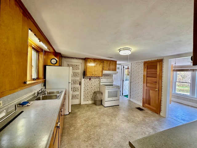 kitchen with a textured ceiling, sink, and white appliances