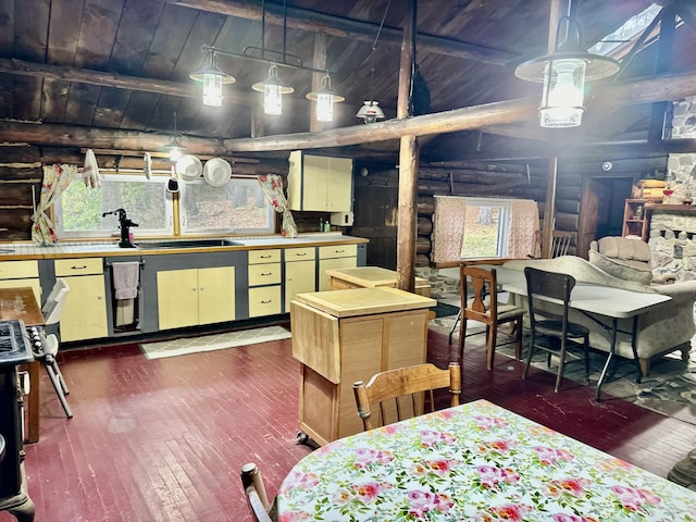 basement with wood ceiling, wood walls, and dark wood-type flooring