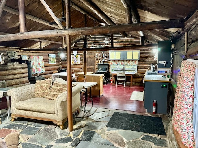 interior space featuring wooden ceiling, log walls, beam ceiling, and dark hardwood / wood-style flooring